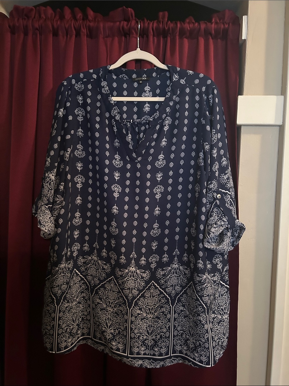 Papermoon Navy and White Printed V-Neck Tunic 2X